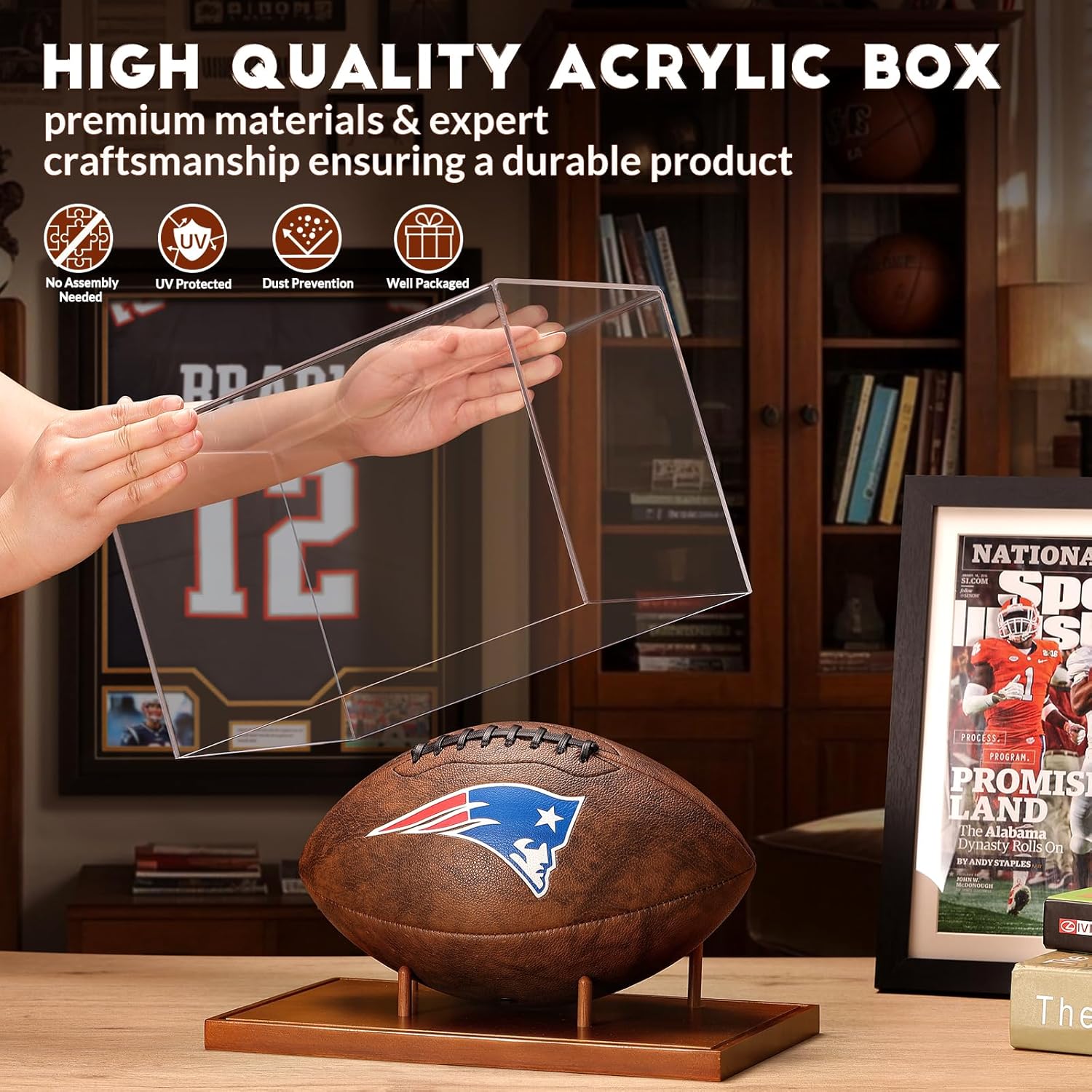 Football Display Case Full Size, Acrylic Clear Box with Wood Stand, UV Protected Memorabilia Holder, for Football Fans