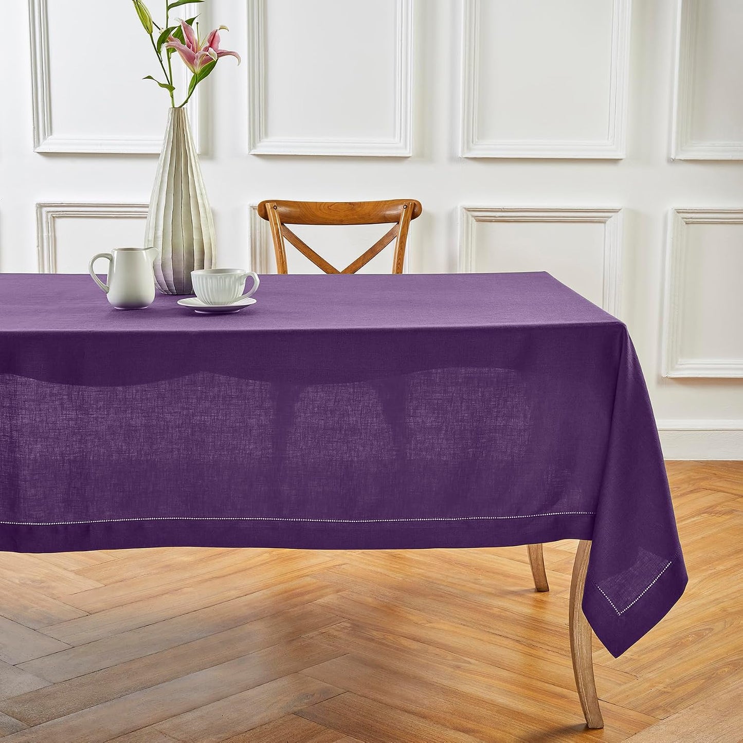 Solino Home 100% Linen Tablecloth Purple, Classic Hemstitch 60 x 108 in | Linen Table Cloth for 6-8 seater dining