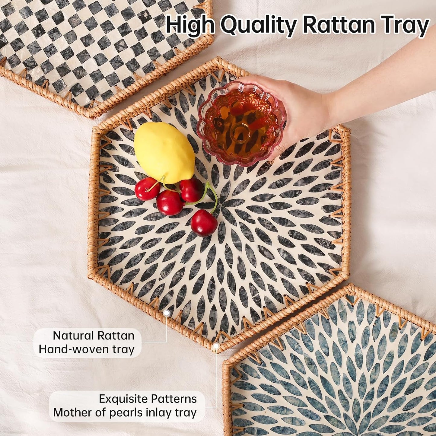 Hexagon Rattan Tray / Black Leaves