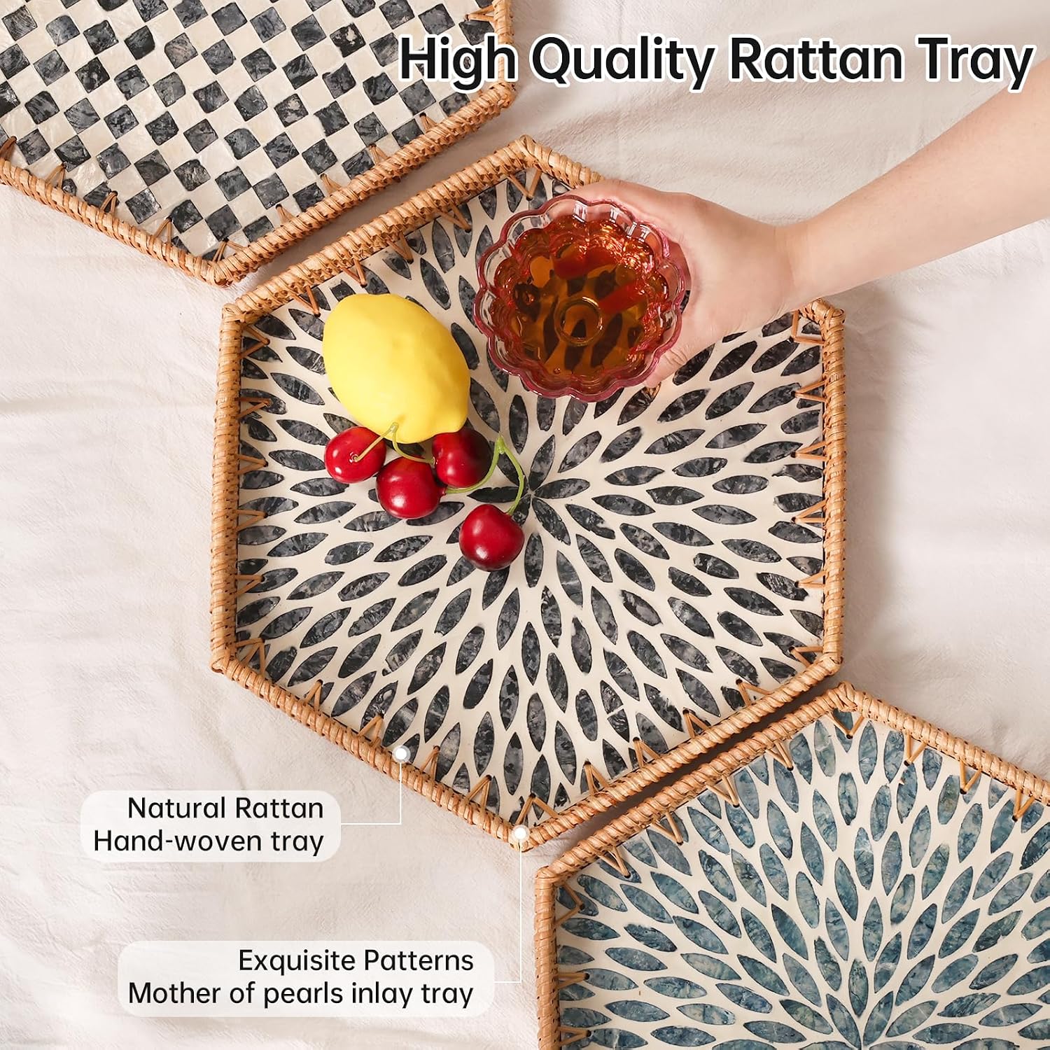 Hexagon Rattan Tray / Black Leaves
