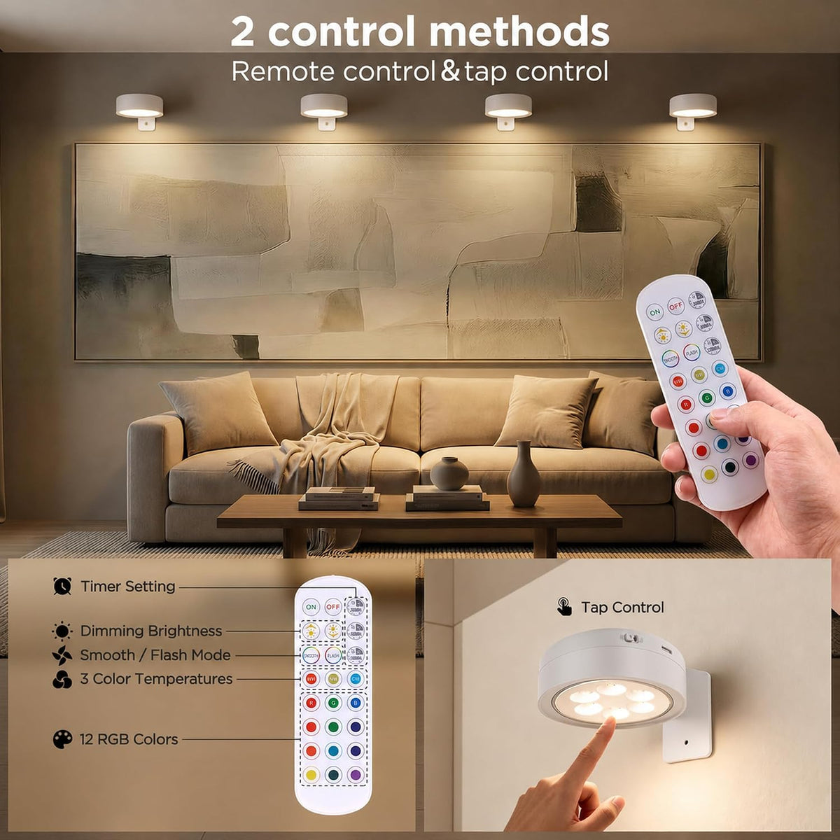 6-Pack Picture Lights for Wall, Rechargeable Wireless Poster Lights, White | LED Magnetic Painting Lights with