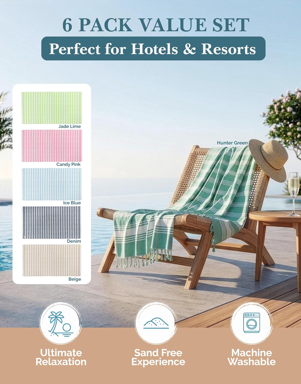 Casa Platino Turkish Beach Towels Set of 6, Sand Free 39"x71" - Beach Mix | Lightweight & Packable Beach Towels - for