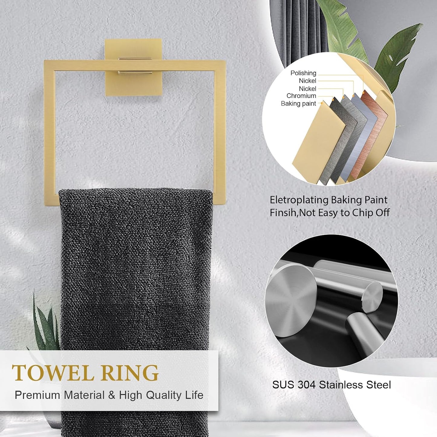 6-Piece Bathroom Hardware Set 23.6 Inch Gold Towel Bar Set Double Towel Bar Towel Ring Coat Hook and Toilet Paper