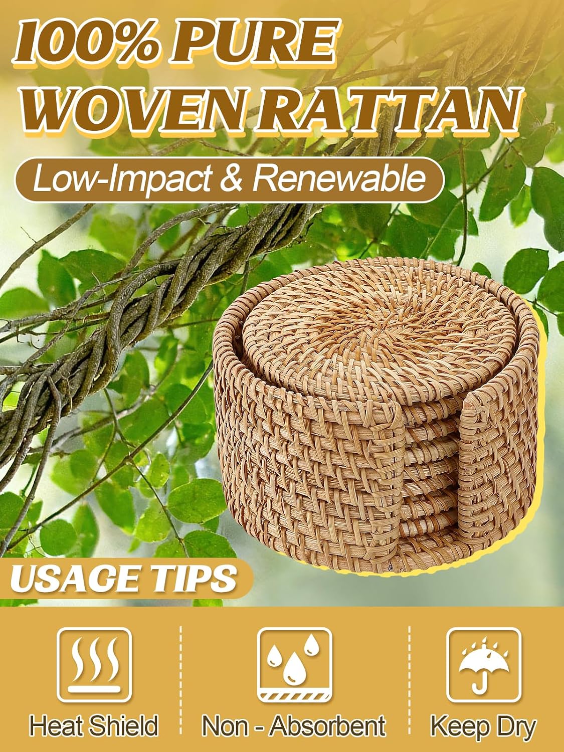 Holder / Wicker Drink Coasters Set / Natural / Set of 8