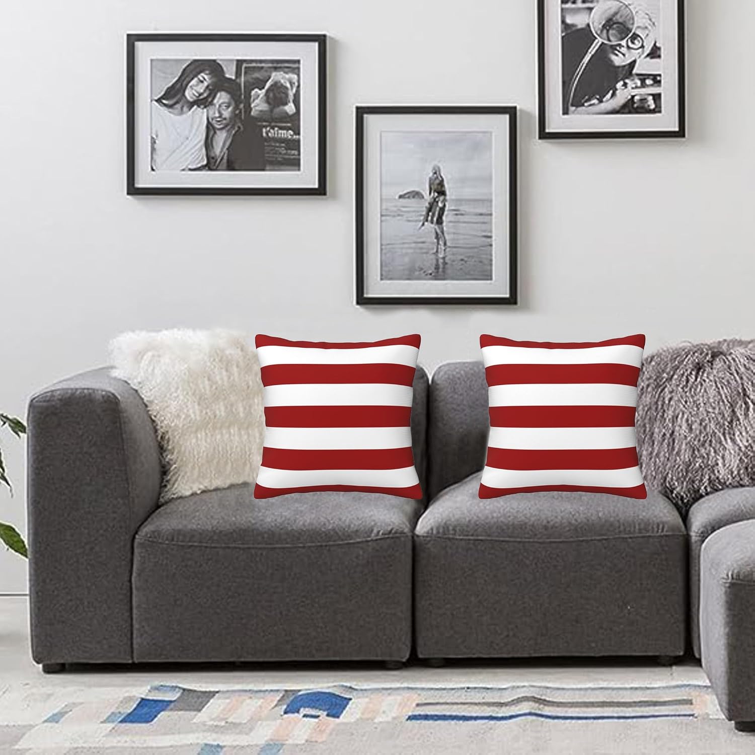 Throw Pillow Cover in Cushion Modern Farmhouse Pillow / Red and White Stripes / 18 x 18 / Set of 2