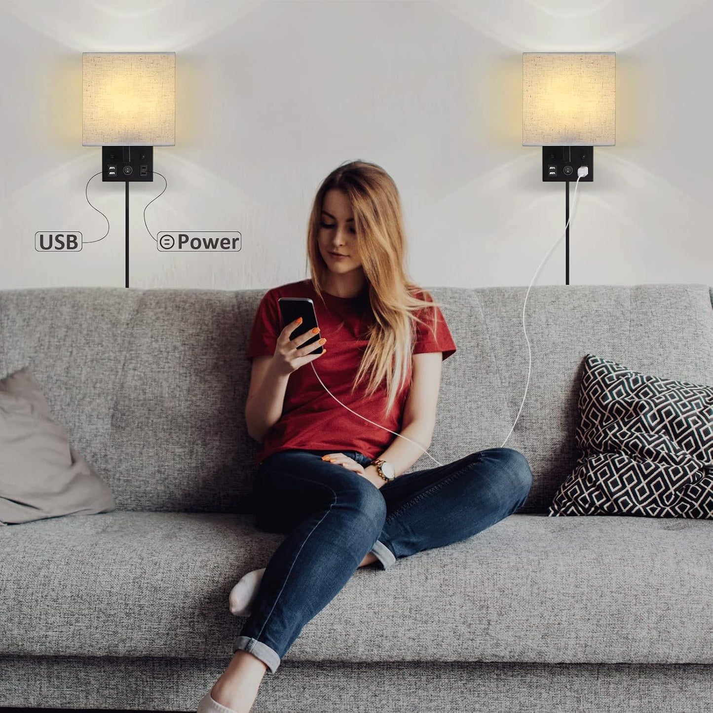 CADUKE Bedside Wall Lamp Set of 2, Plug in Wall Sconce with USB Charging Port and AC Outlet, Modern Black Brushed