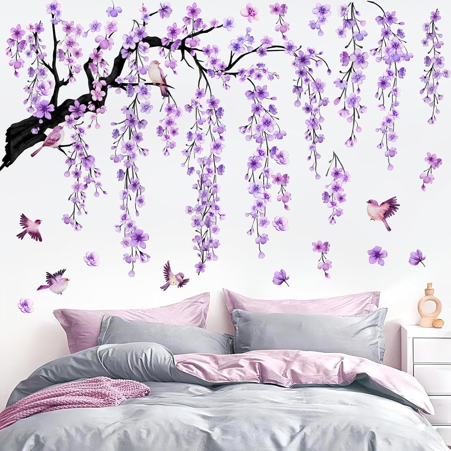 Cherry Blossom Branch Wall Stickers Large Right-Extending Floral Bird Wall Decals Peel / Purple