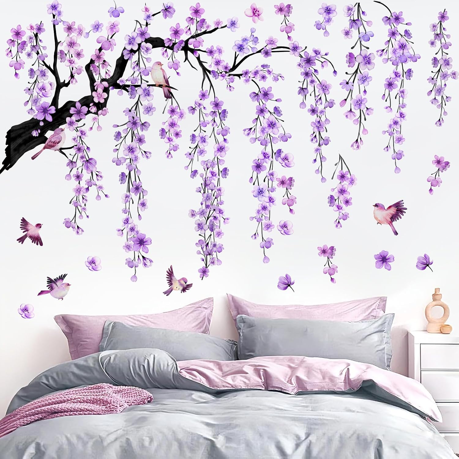 Cherry Blossom Branch Wall Stickers Large Right-Extending Floral Bird Wall Decals Peel / Purple