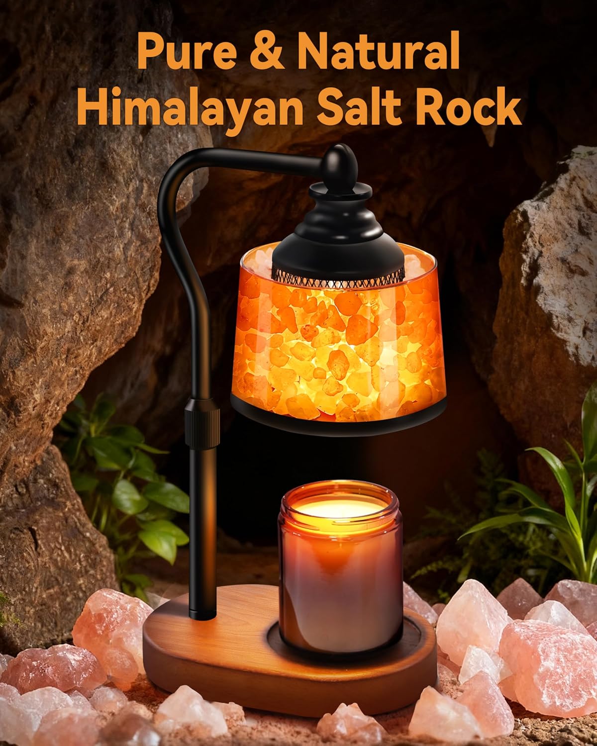 3-in-1 Candle Warmer Lamp with Himalayan Salt & Diffuser | Dimmable Top Down Wax Melt Warmer with Timer, Amber Glass