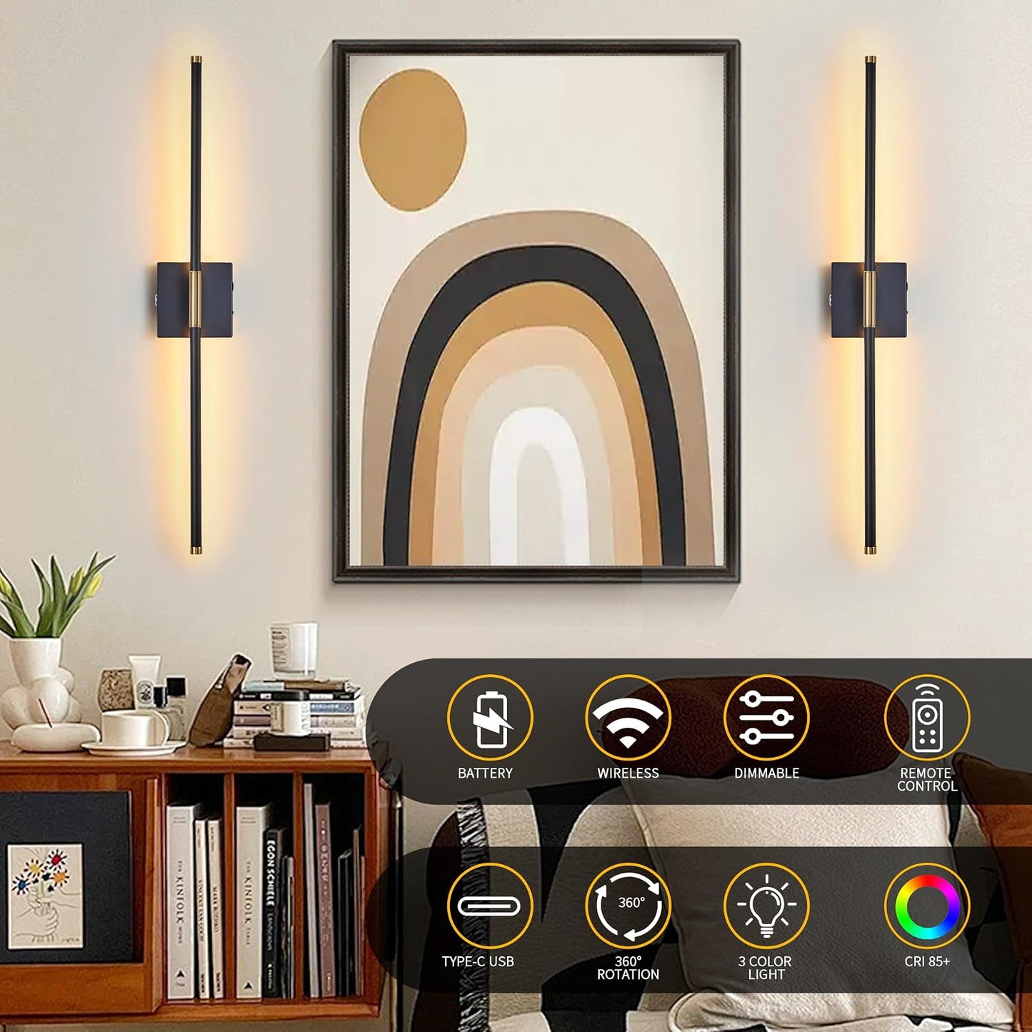 15800 mAh Battery Operated Wall Sconces with Remote Control Dimmable Wall Sconces Set of Two 3000K LED Black and Brass