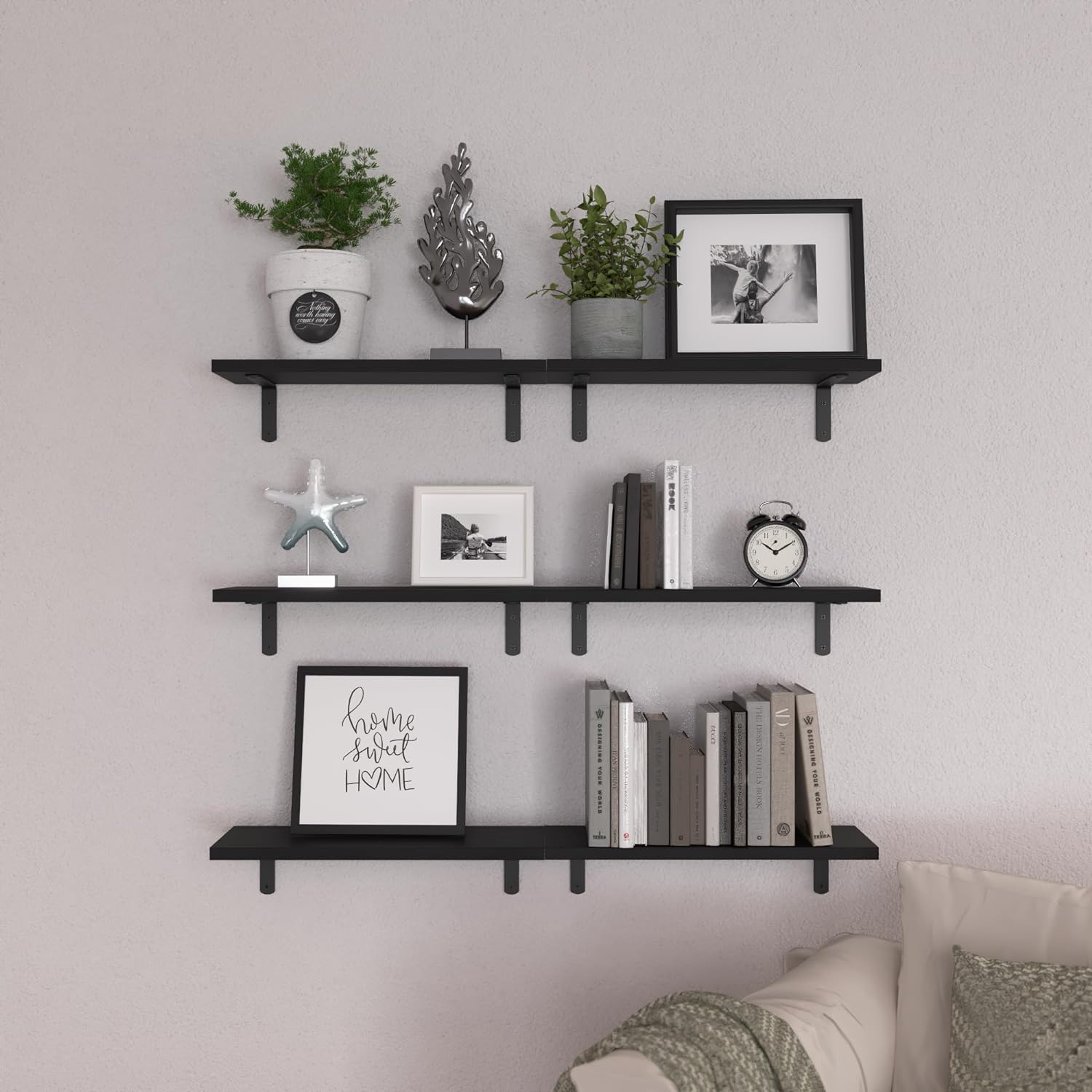 Wood Floating Shelves / 16.5 Inch / Black / Set of 6