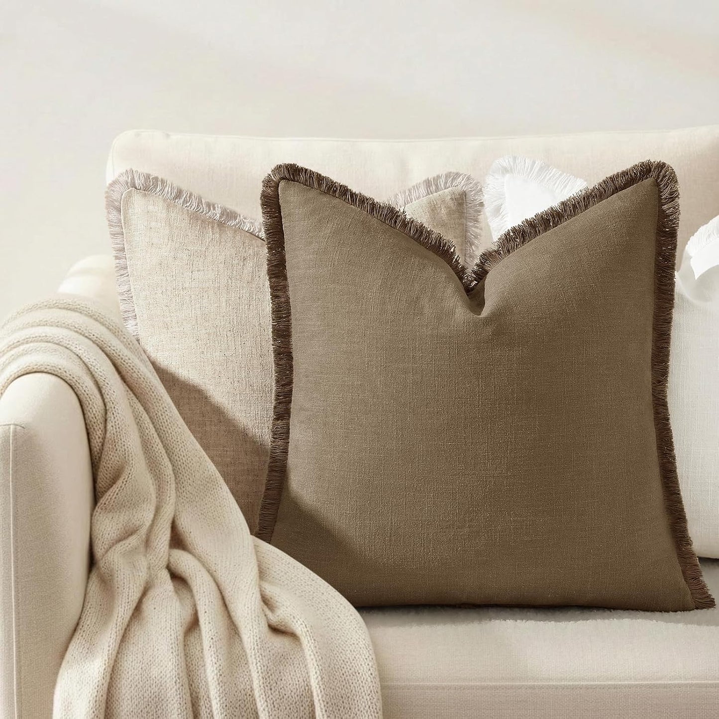 Summer Decorative Neutral Linen Fringe Throw Pillow Covers Pillow / Light Brown / 18 x 18 / Set of 2