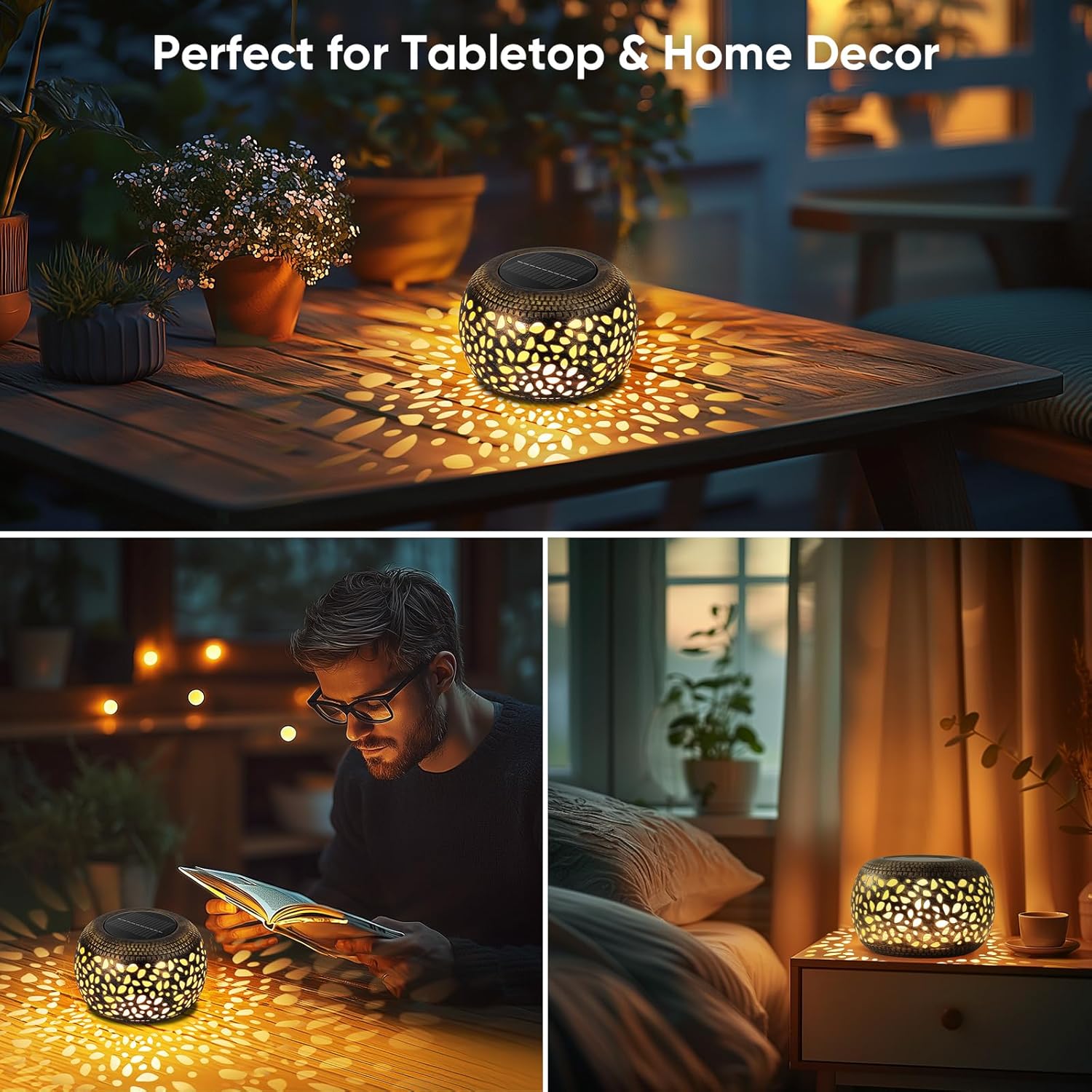 Outdoor Solar Lanterns Patio Decor: 4 Pack Bronze Waterproof Solar Lights | Hollow Out Retro Metal Garden Lantern, Warm