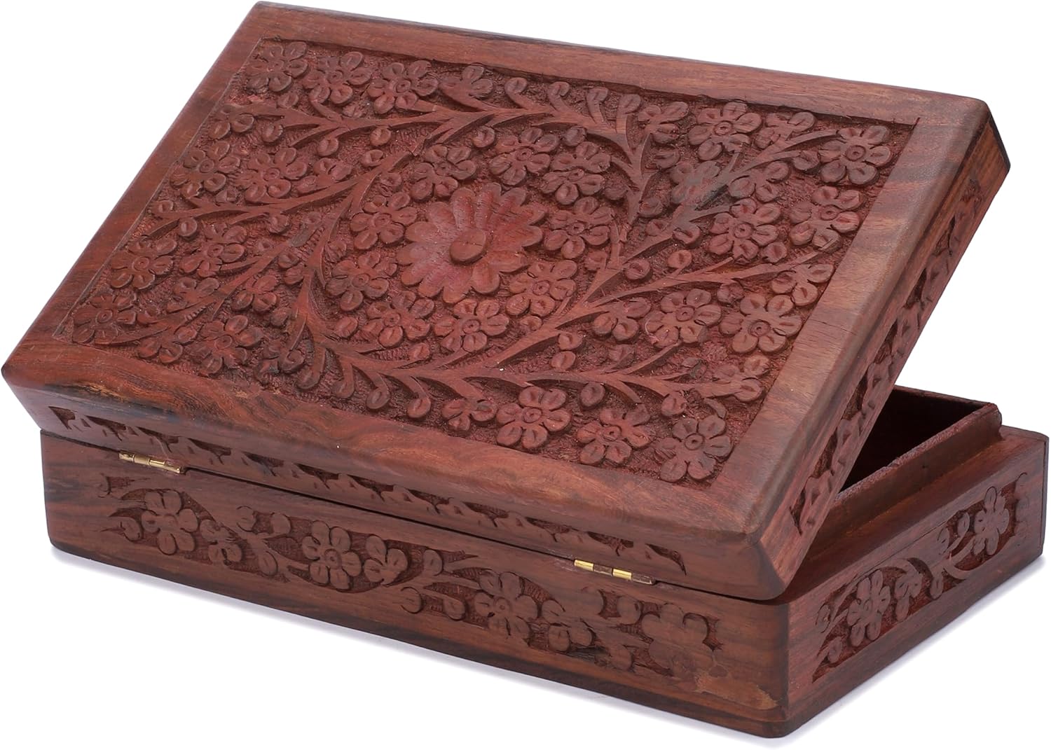 Wooden Handcarved Decorative Jewelry Storage Box Flower Design Multipurpose Treasure Chest / 8 x 5