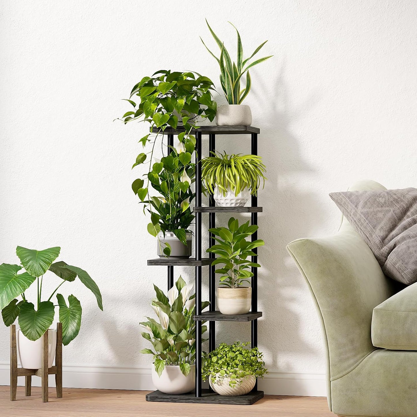 Bamworld Plant Stand 5 Tier Corner Metal Shelf Black | Tiered shelf organizes multiple plants in living rooms