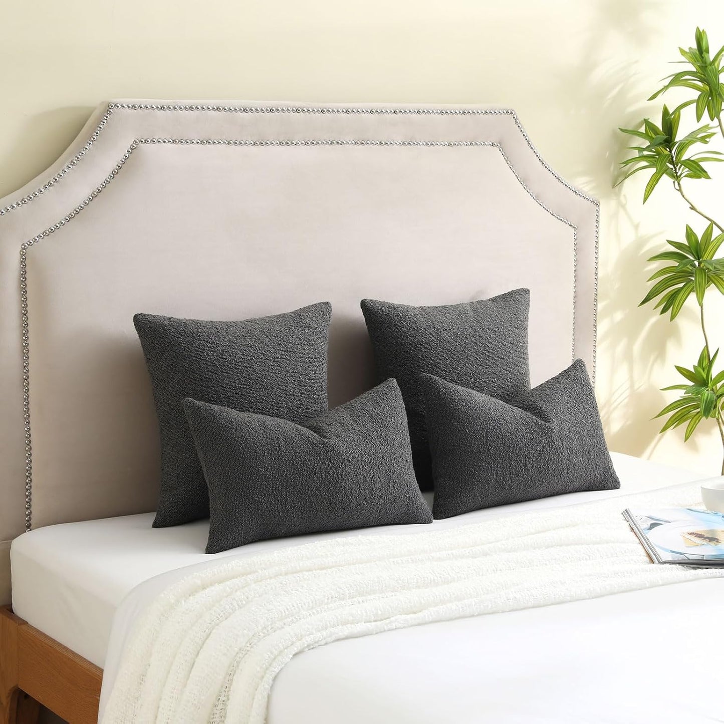 Decorative Throw Pillow Covers Soft Solid Boucle Textured Cushion / Dark Grey / 18 x 18 / Set of 2