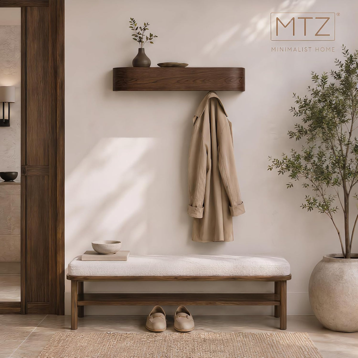 MTZ Solid Wood Wall Mounted Coat Rack with Shelf & 5 Hidden Hooks (Walnut) | Minimalist entryway wall hook rack for