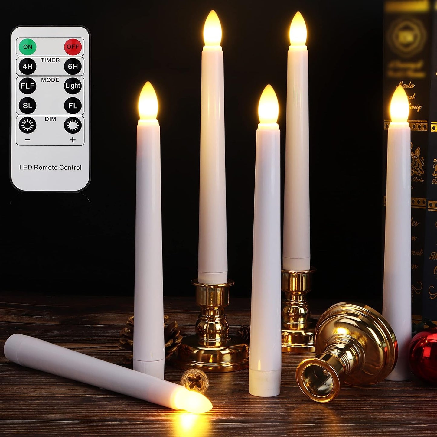 Flameless Window Candles with Gold Bases, Battery Operated Taper Candle with 4H/6H Daily Timer, Remote Window Candle