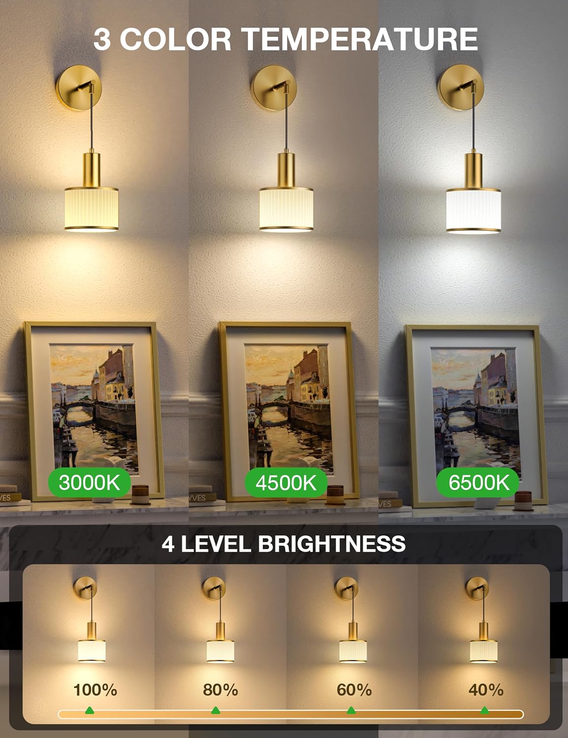 Battery Operated Wall Sconce Set of 2, Gold & Off-White Wireless Rechargeable Wall Lights with 5200mAh Dimmable