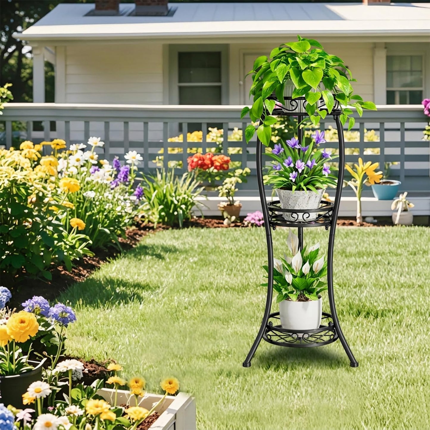 iDavosic.ly 3 Tier Metal Plant Stand Outdoor Indoor, 34 Inch Tall, Black | Corner Flower Pot Holder Shelf, Wrought Iron