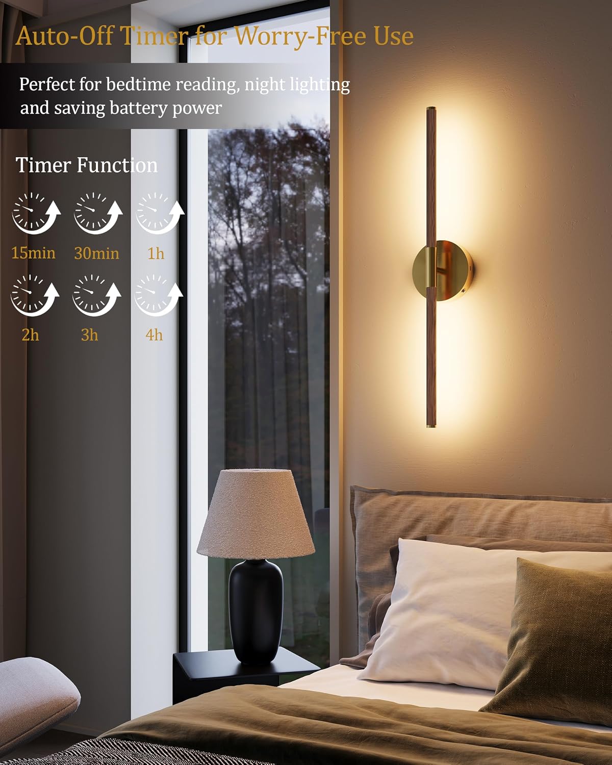 24" Battery Operated Wall Sconce Set of 2, 350° Rotating Lamp, Walnut Gold | Wireless, 8000mAh Rechargeable Battery