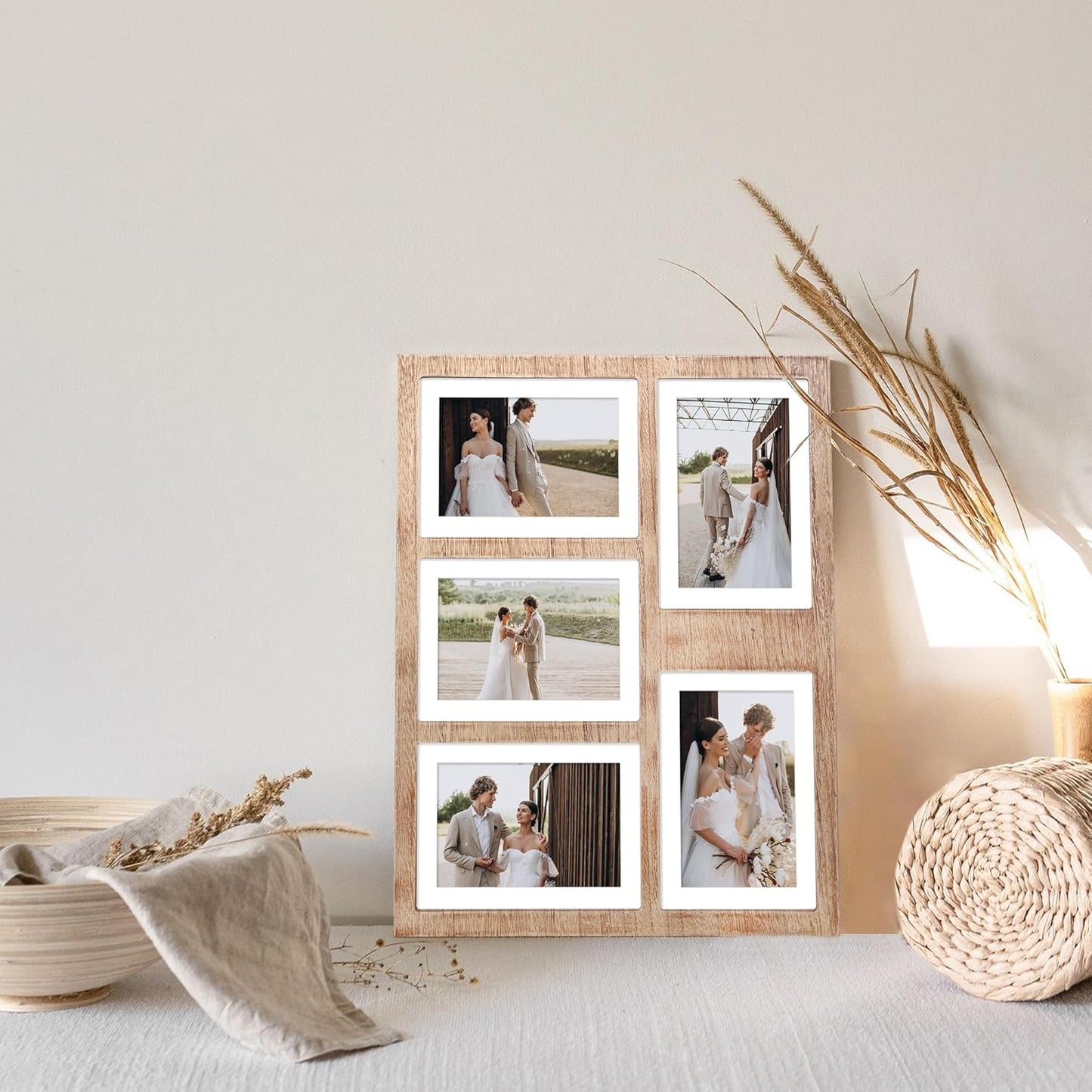 YESKAY 4x6 or 5x7 Picture Frames, Rustic Brown Wooden Frame with Real Glass, Displays Pictures Five 4x6 with Mat or