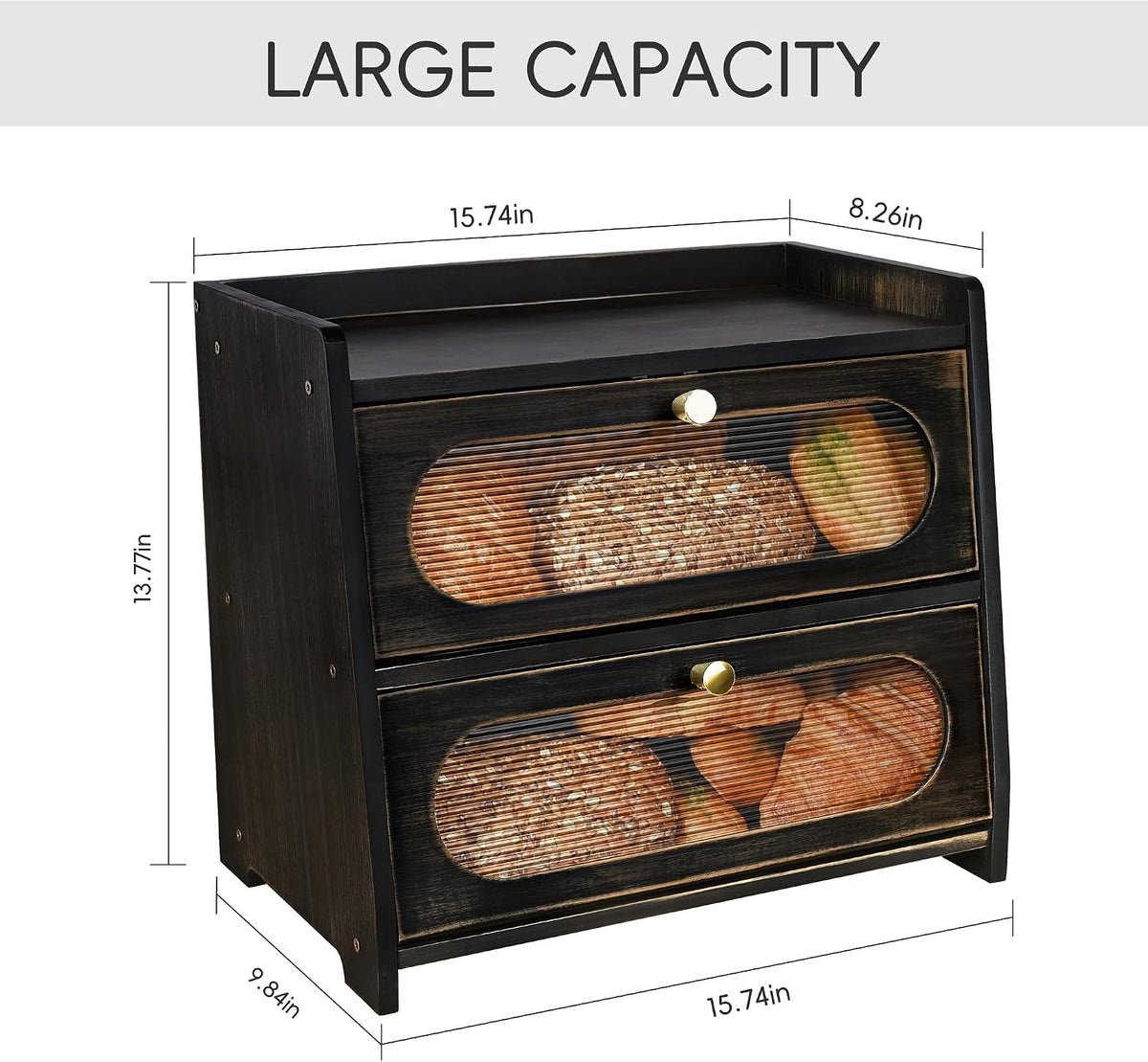 2-Tier Black Bread Box for Kitchen Countertop with Window | Farmhouse Bread Storage Container, Large Pantry Organizers