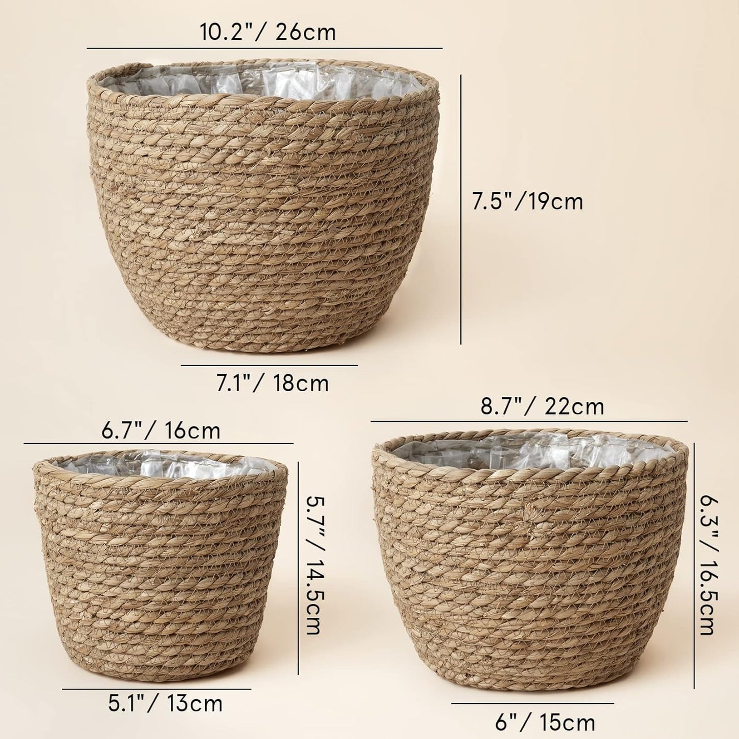 La Jolíe Muse Seagrass Planter Basket Indoor / Brown / 10.2"+8.7"+6.7 / Set of 3