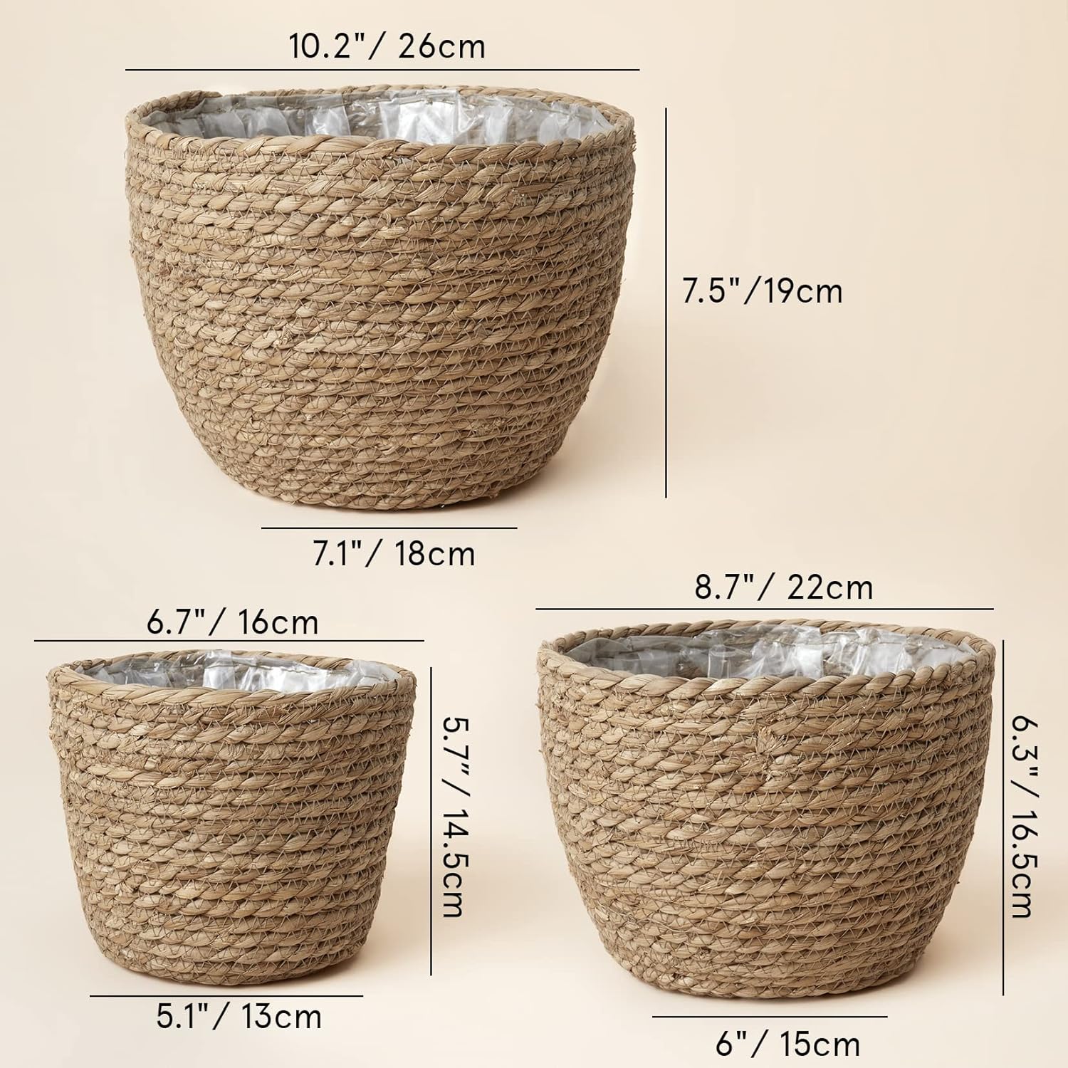 La Jolíe Muse Seagrass Planter Basket Indoor / Brown / 10.2"+8.7"+6.7 / Set of 3
