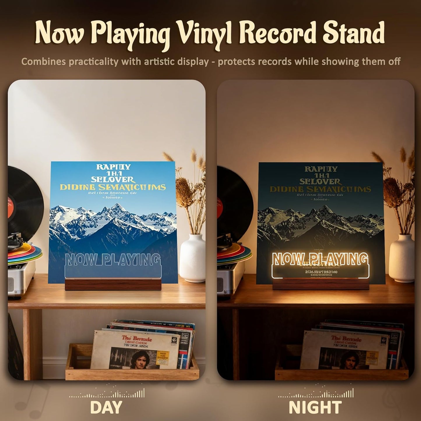 YuanDian Now Playing Vinyl Record Stand, Light up Display Holder for Vinyl Records, Wooden Acrylic Holder with Warm