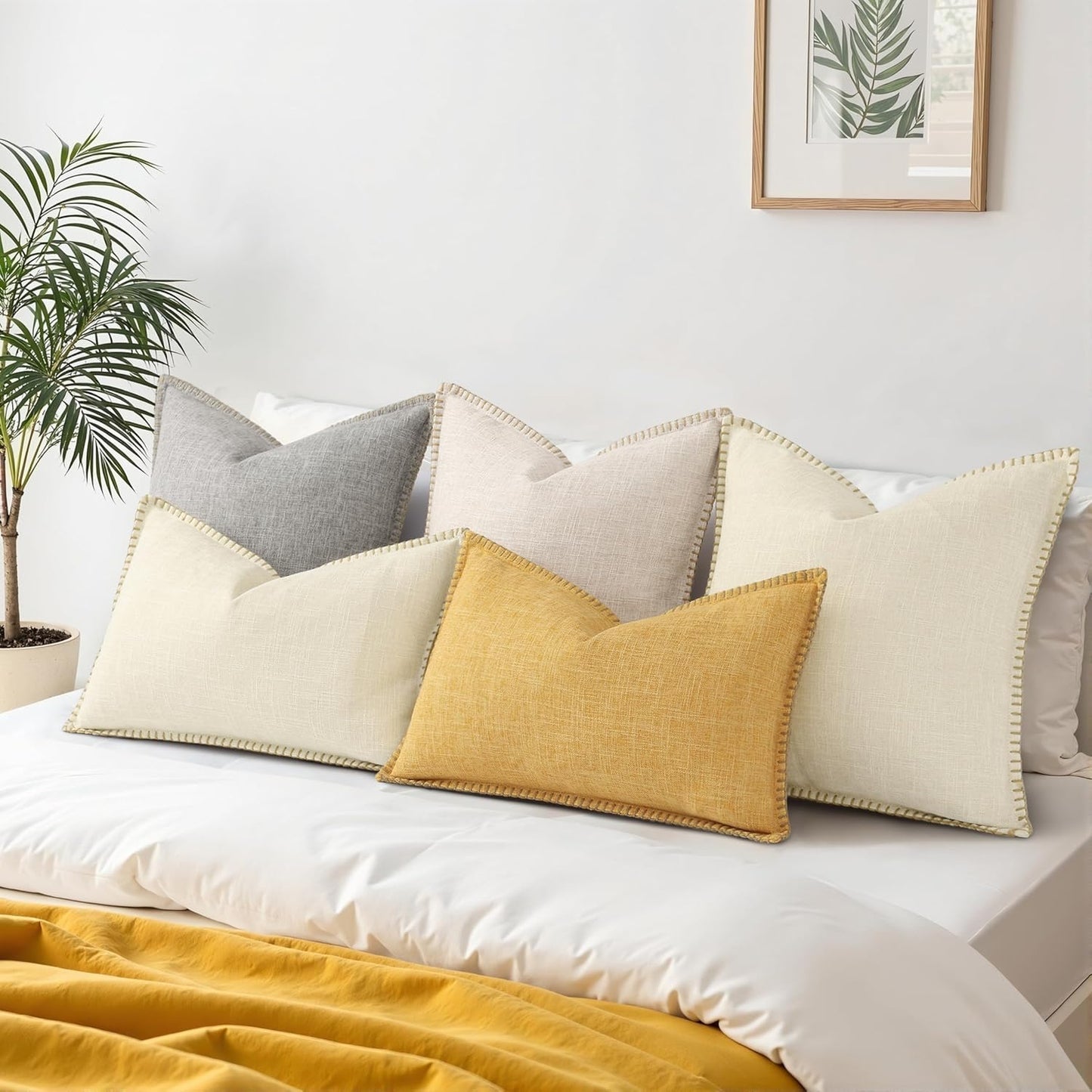 Fall Decorative Throw Pillow Covers Square Faux Linen Outdoor Neutral / Beige / 18 x 18 / Set of 2