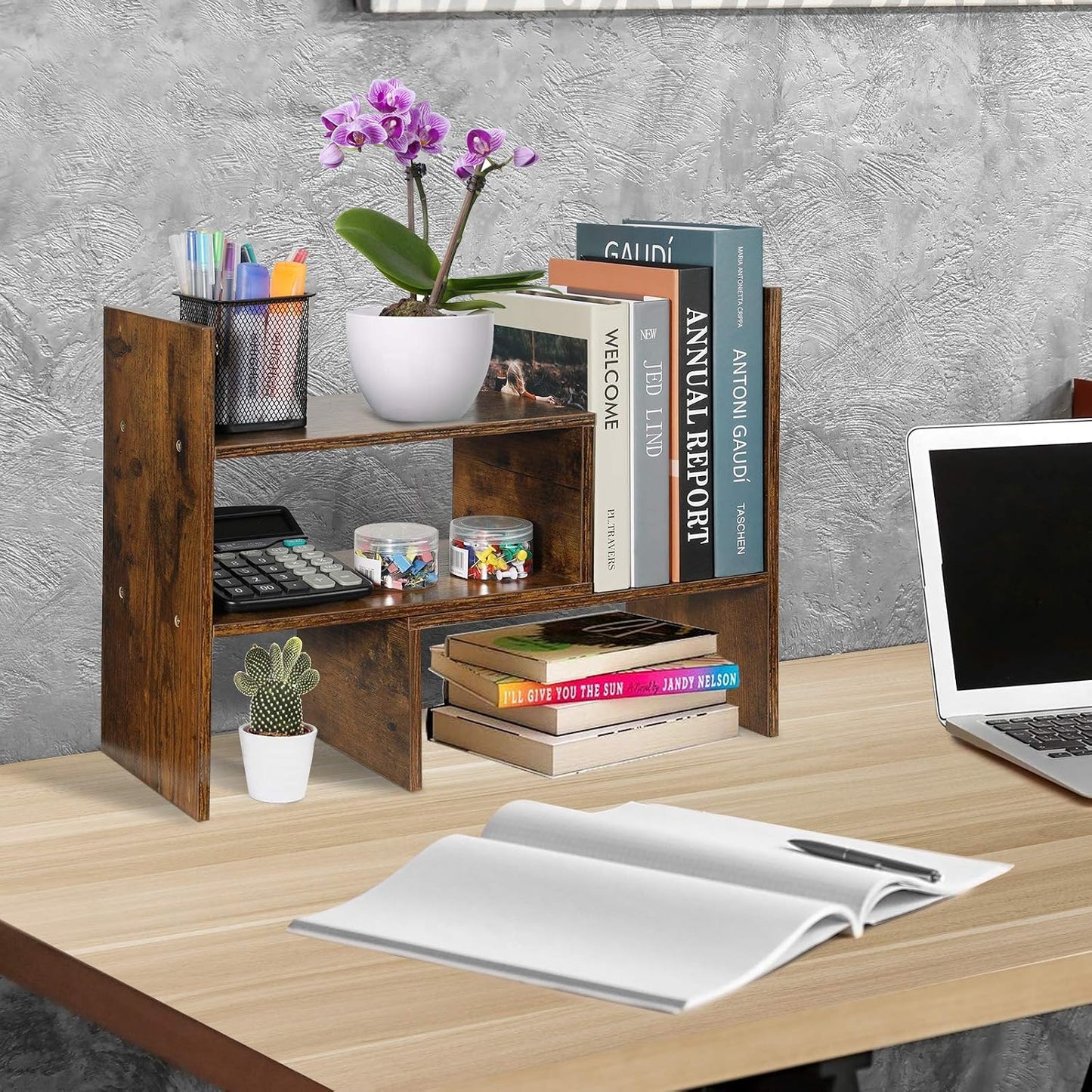 Sorfity Expandable Wood Desktop Bookshelf Desktop Organizer Office Storage Rack Wood Display Shelf, Counter Storage