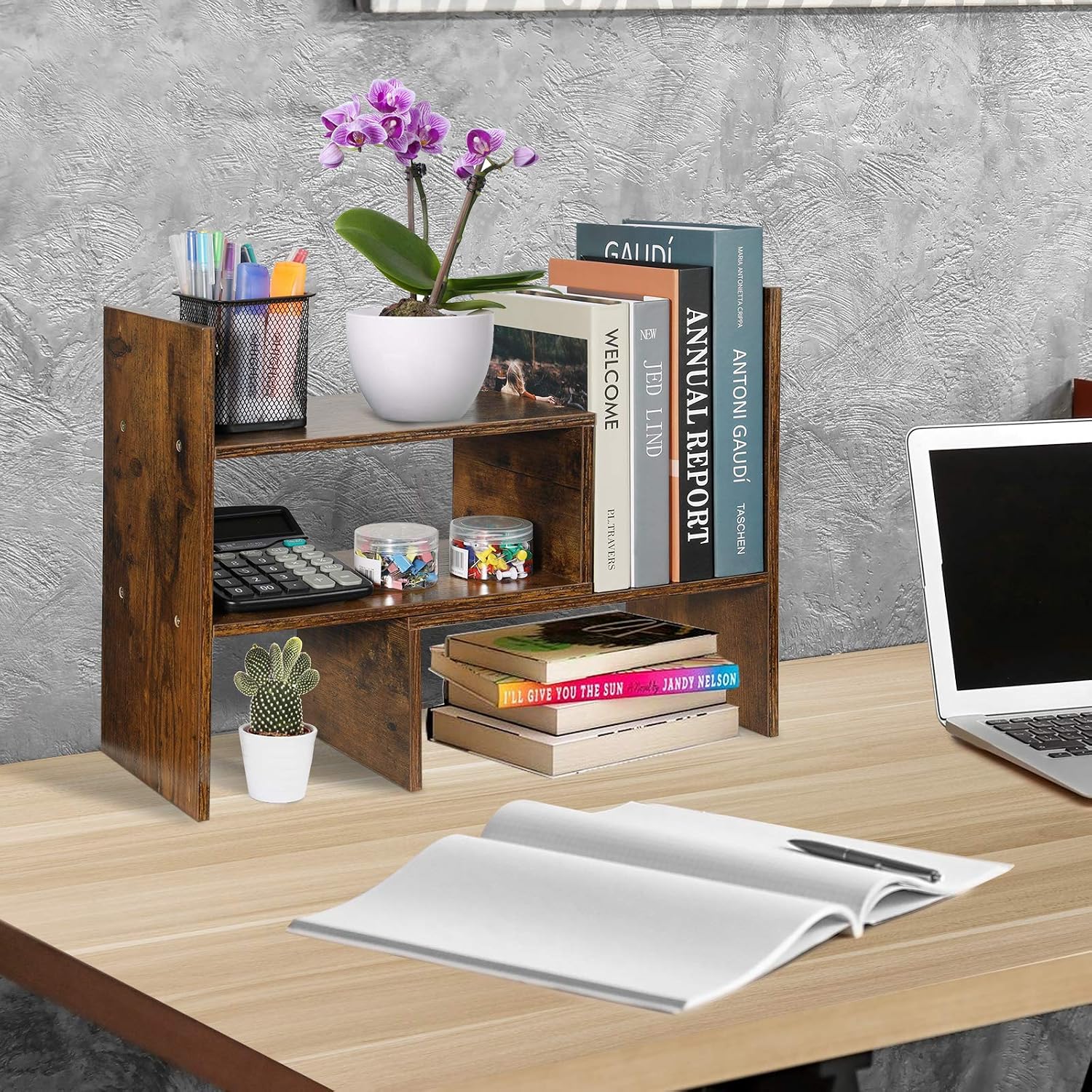 Sorfity Expandable Wood Desktop Bookshelf Desktop Organizer Office Storage Rack Wood Display Shelf, Counter Storage
