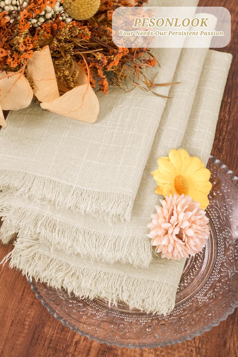 Pesonlook 30 PCS Cotton Linen Napkins with Fringe,16x16Inch, Natural Linen | Handmade Napkins Cloths, Tassel Design