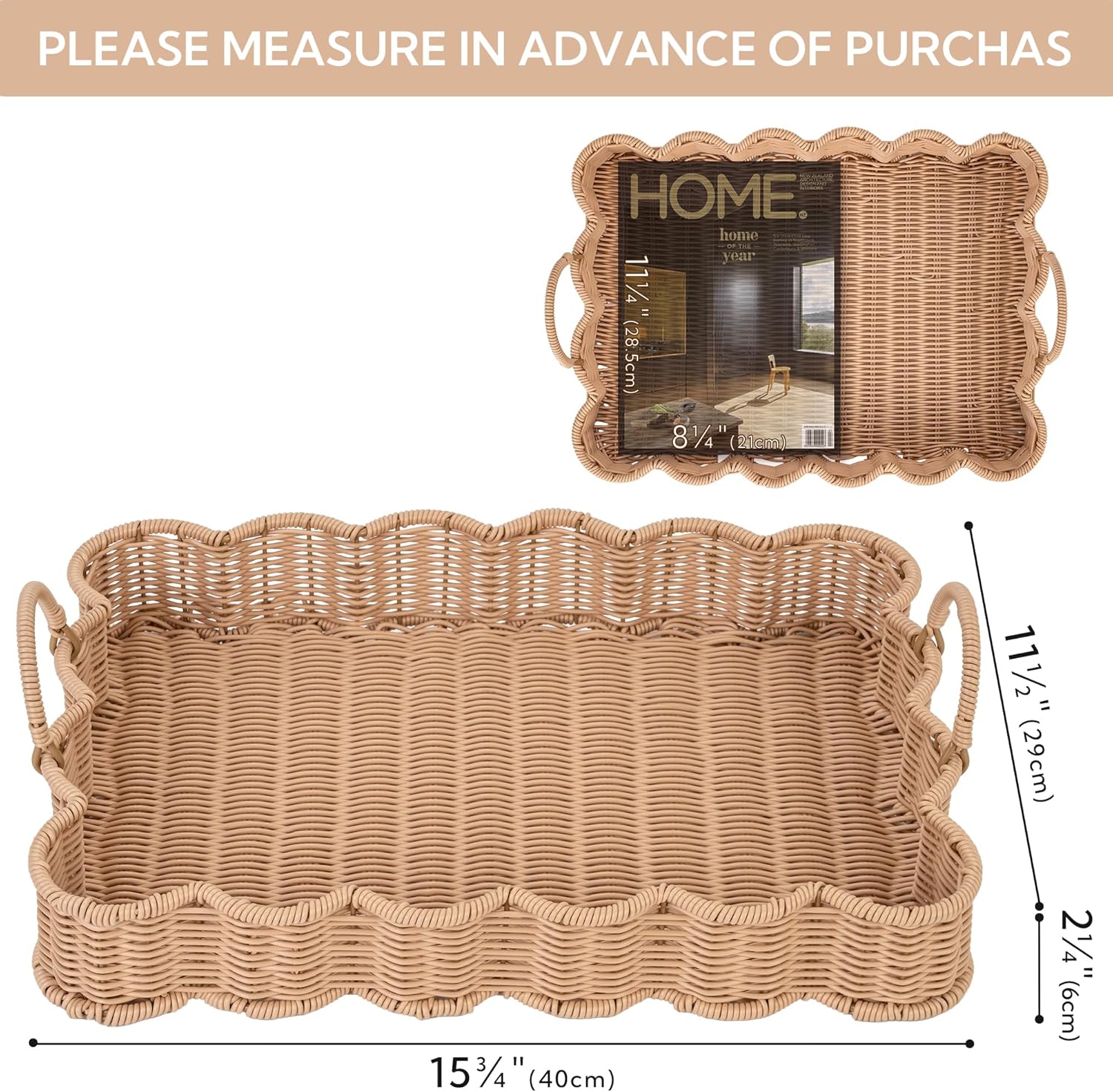 Scalloped Edge Rectangle Wicker Serving Tray / Nude Color