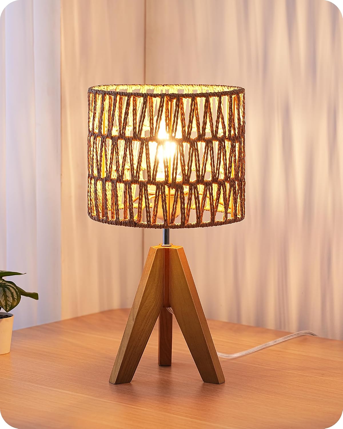EDISHINE Rattan Small Table Lamp, Boho Nightstand Lamp, 14.2", E26 Base