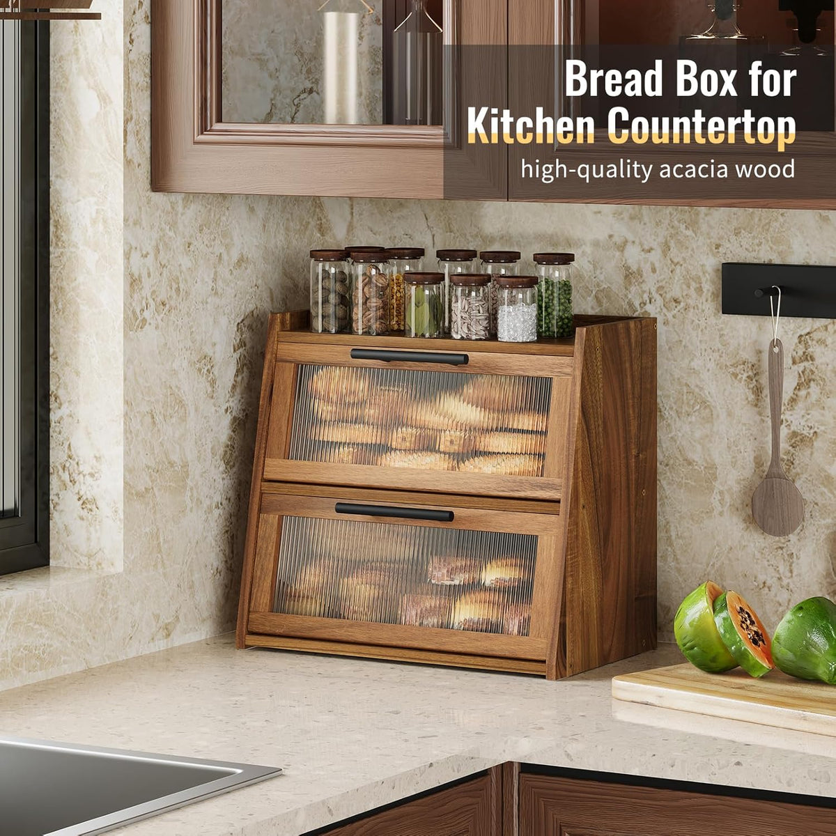 Bread Box for Kitchen Counter,Wooden Double Layer Countertop Bread Storage | Bread Holder Container Bin with Window for