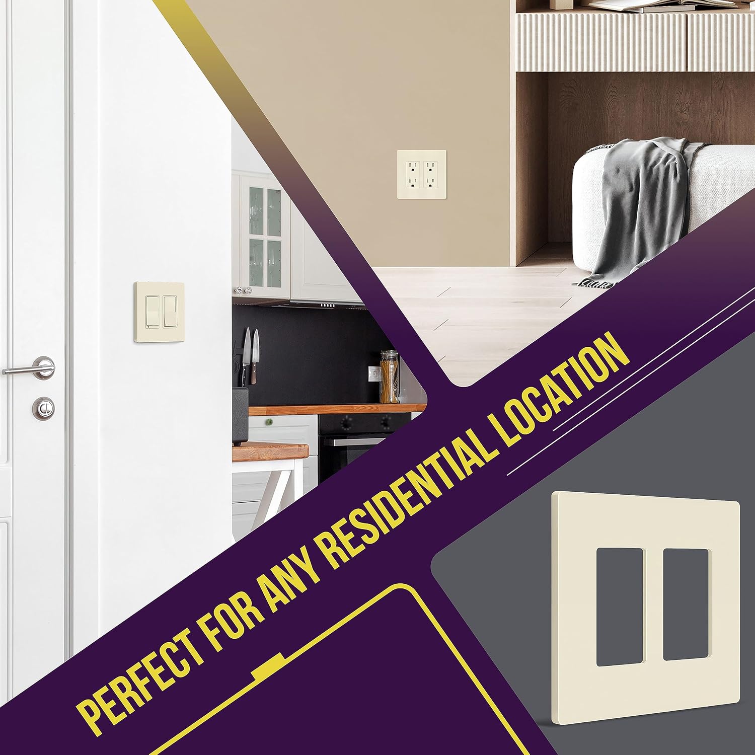 ENERLITES 2-Gang Light Almond Mid-Size Screwless Decorator Wall Plate