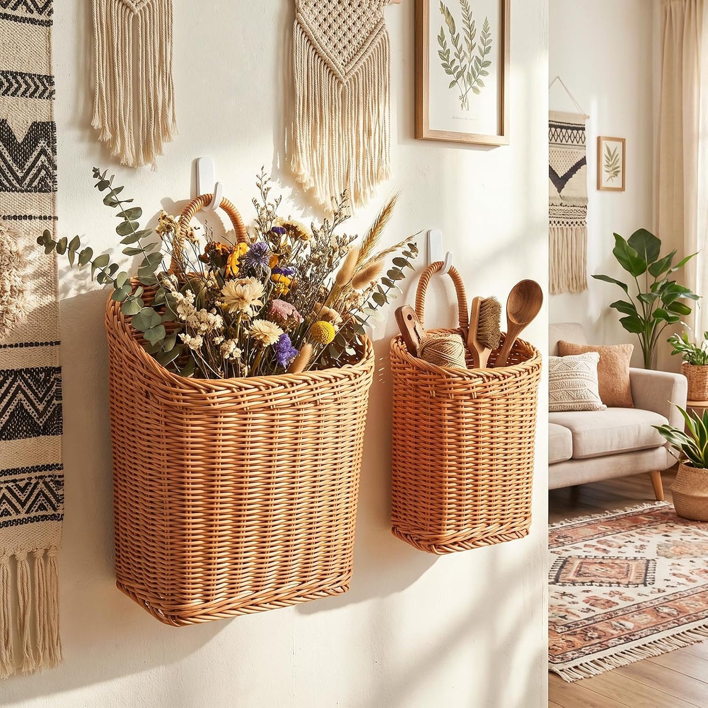 Handmade Woven Hanging Waterproof Plastic Rattan Wicker Basket / Set of 2