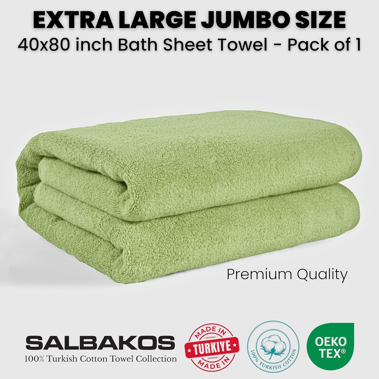 SALBAKOS Luxury 100% Turkish Cotton Bath Sheet 40x80 in (1-Piece, Green) | Extra Large Jumbo Oversized Bathroom and