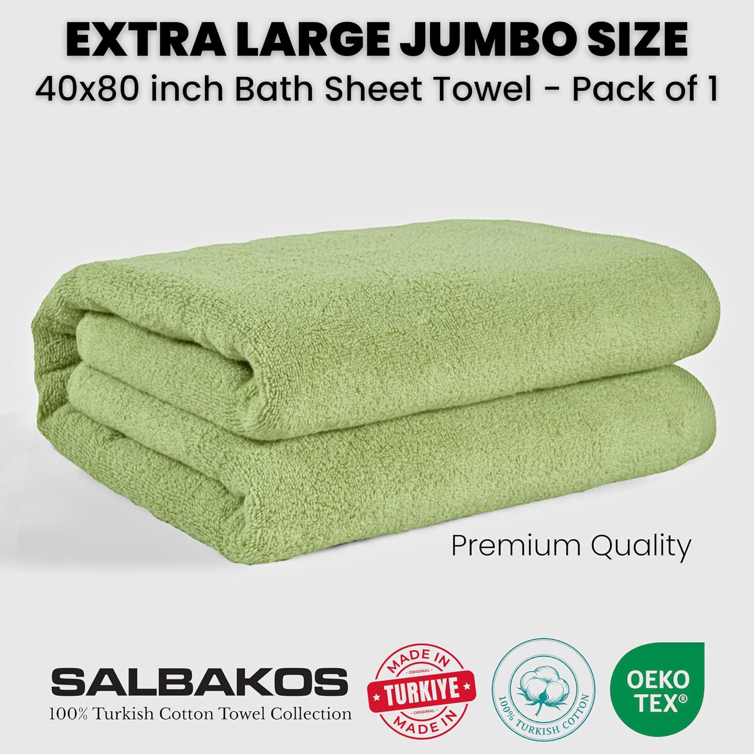 SALBAKOS Luxury 100% Turkish Cotton Bath Sheet 40x80 in (1-Piece, Green) | Extra Large Jumbo Oversized Bathroom and