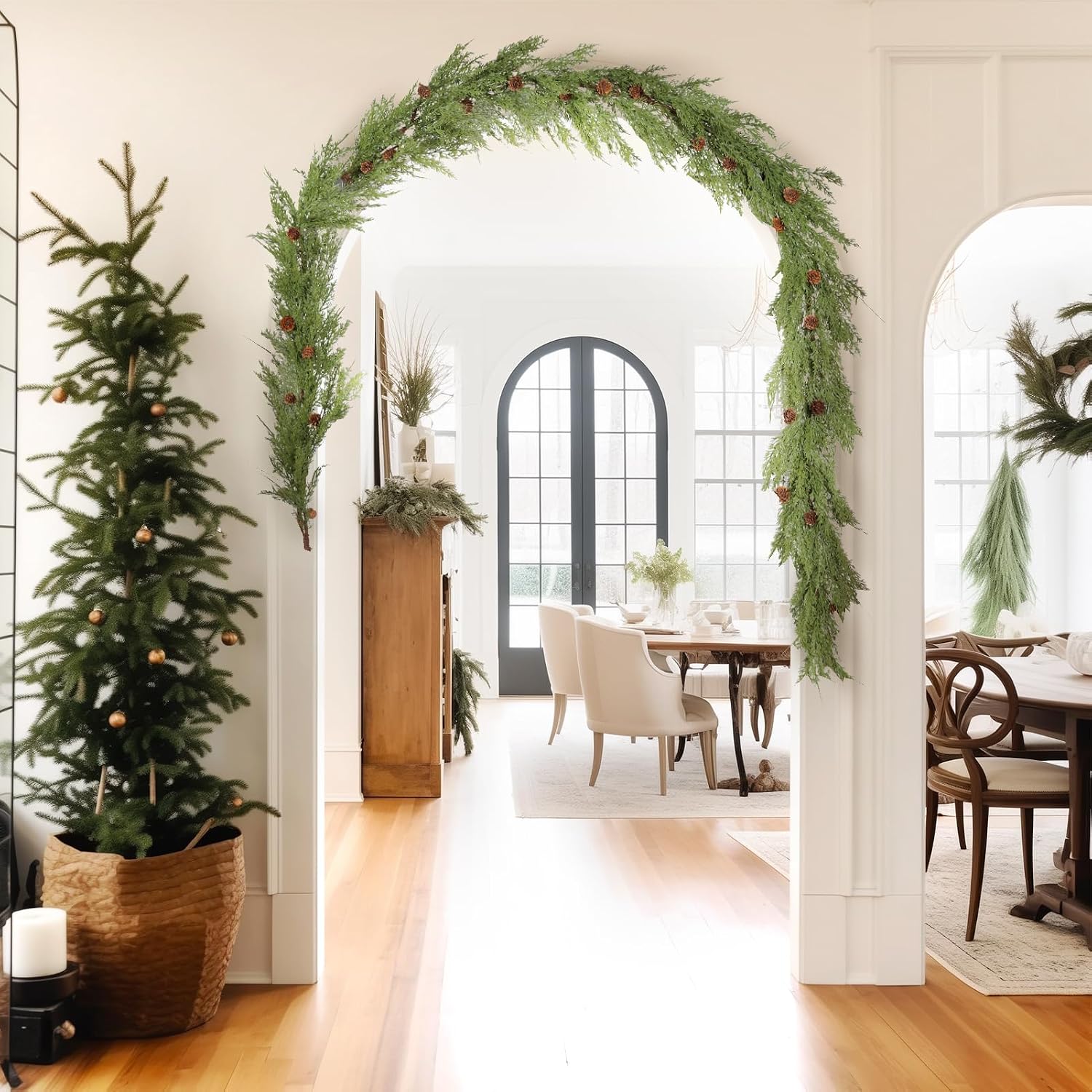 WBHome 2pcs Real Touch Cypress Cedar & Pine Cone Evergreen Garland for Christmas Holiday Seasonal Outdoor/Indoor Home