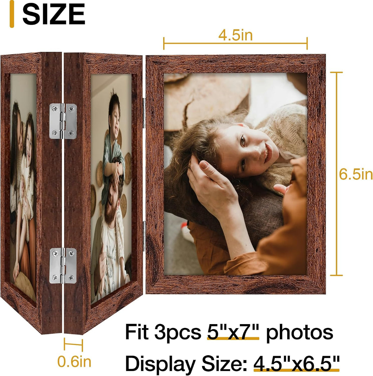 decorUhome Distressed Brown Triple 5x7 Picture Frame Vertical, MDDBN08 | "Z" Shape Folding Design Engineered Wood
