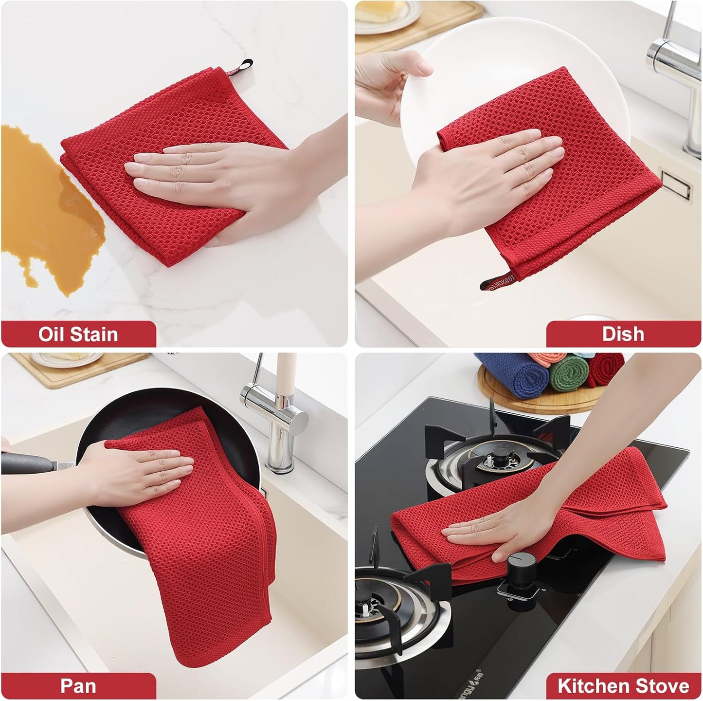 Homaxy 16 Pack 100% Cotton Kitchen Towels and Dishcloths Set, Red | 12 x 12 Inches and 13 x 28 Inches Kitchen Towels