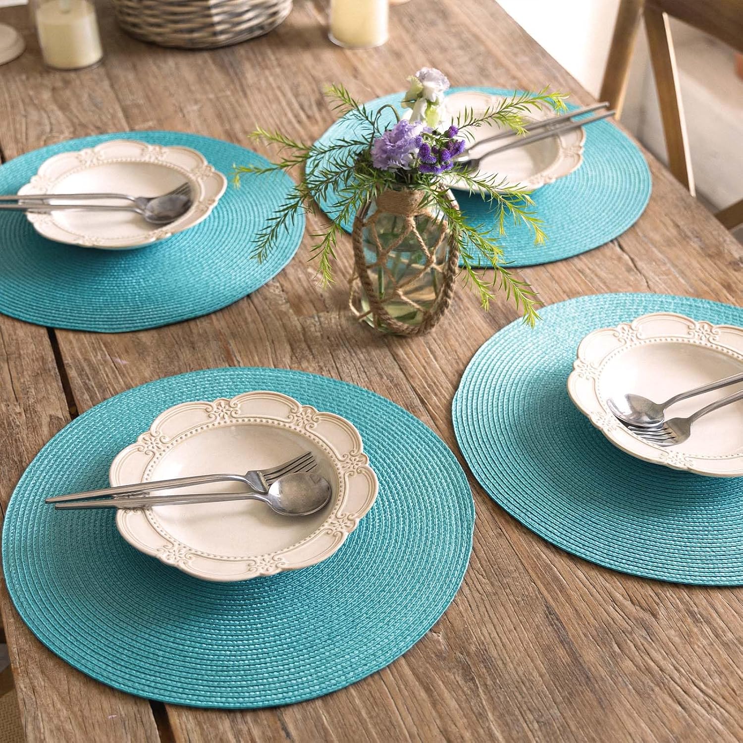 FunWheat Round Braided Placemats Set of 8 Place Mats for Dining Table Woven Washable Non-Slip Table Mats 15