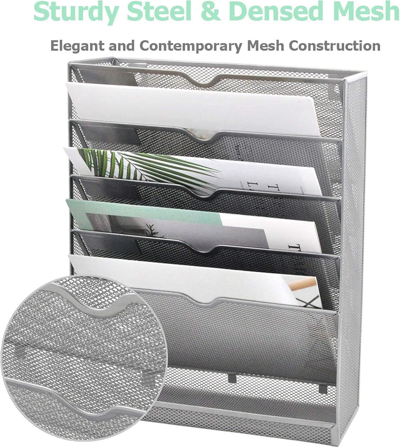 Mesh Wall File Organizer 6 Tier Vertical Mount Hanging Holder Magazine Rack with Bottom Flat Tray, Sides Closed, Silver