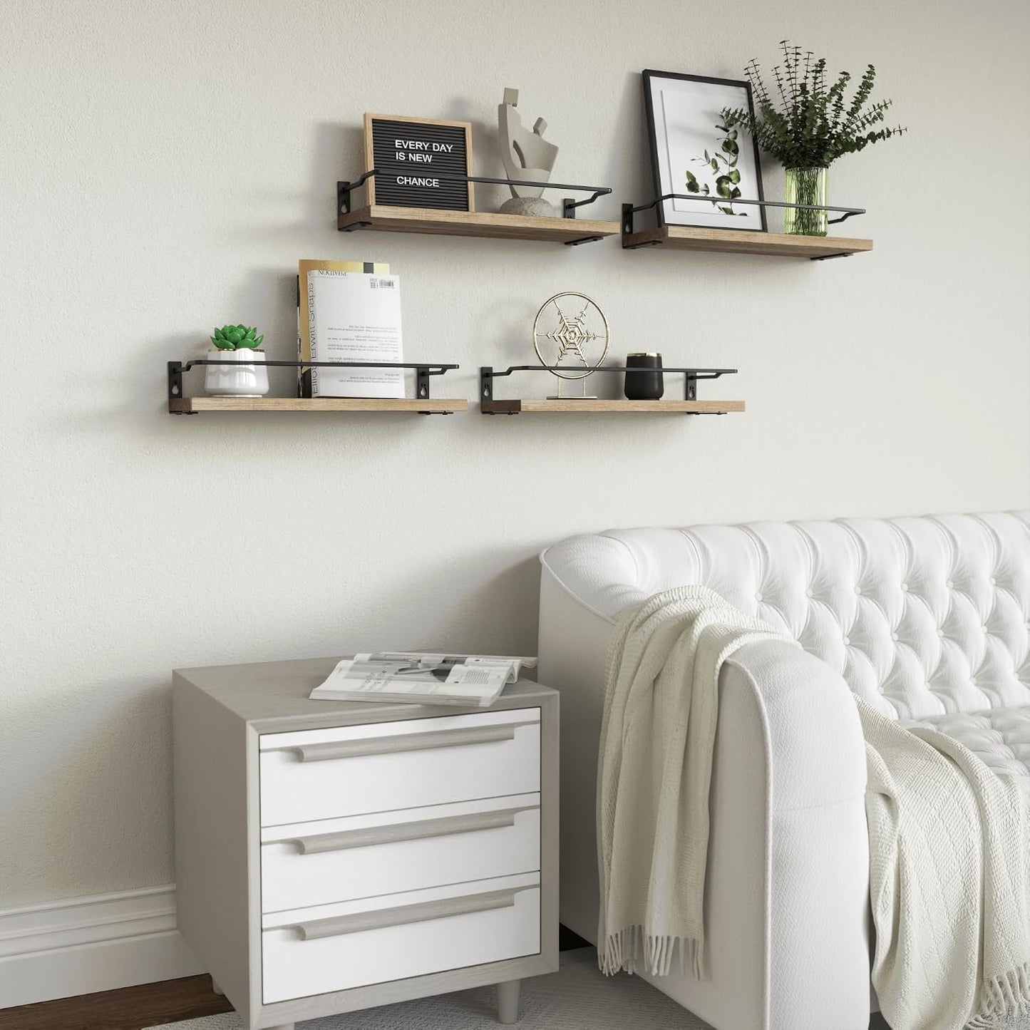 RICHER HOUSE 4-Piece Bathroom Paulownia Wood Shelves Set, Wall Mounted, Protected Guardrail, 20 lbs Weight Capacity