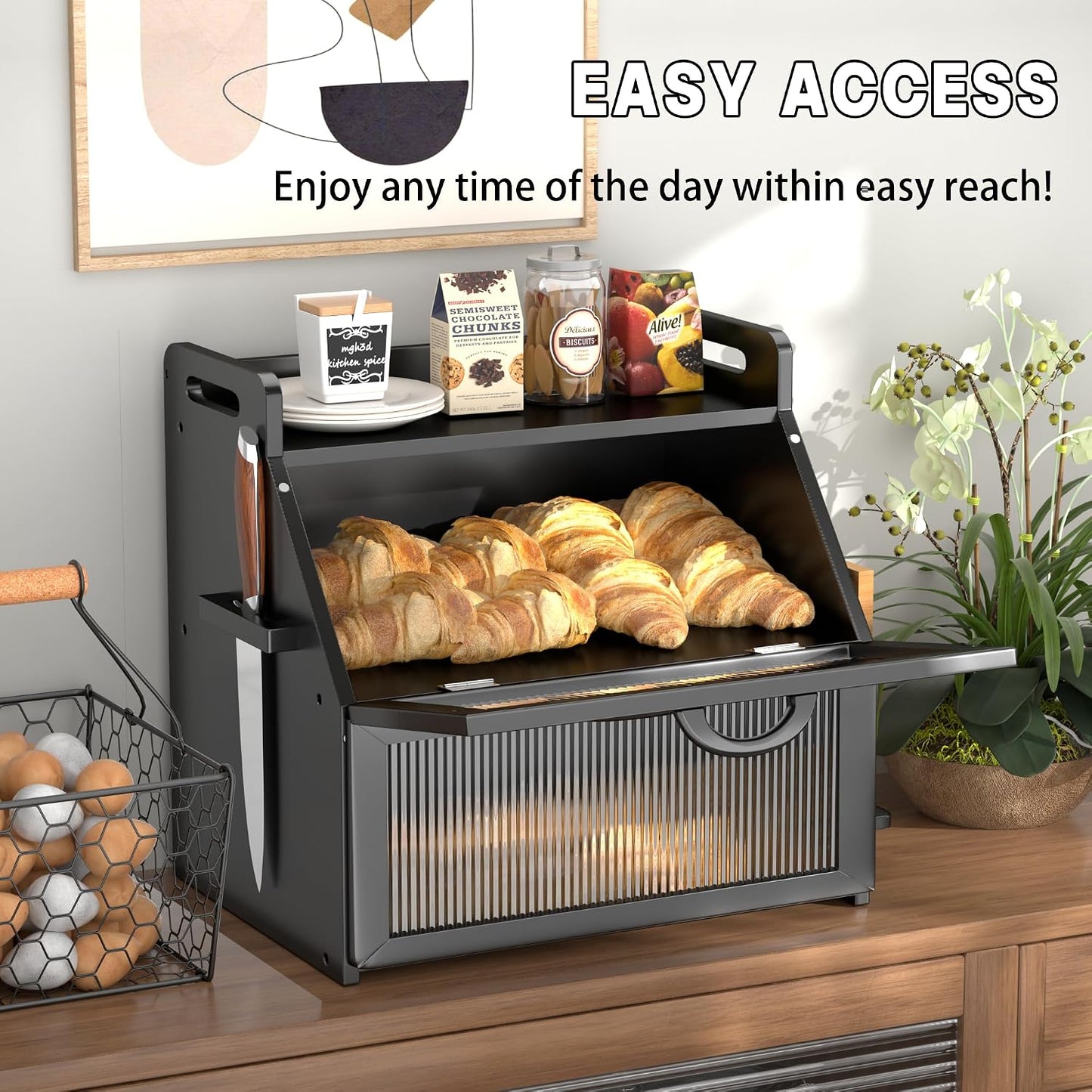 Bread Box for Kitchen Countertop, Large Bread Storage Container for Homemade Bread, Wooden Farmhouse Breadbox