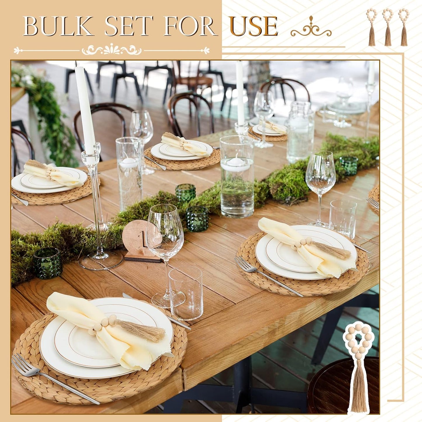 Gejoy 36 Pcs Boho Woven Placemat Wood Bead Napkin Ring with Dinner Napkin | 13.8 Inch Round Water Hyacinth Placemat