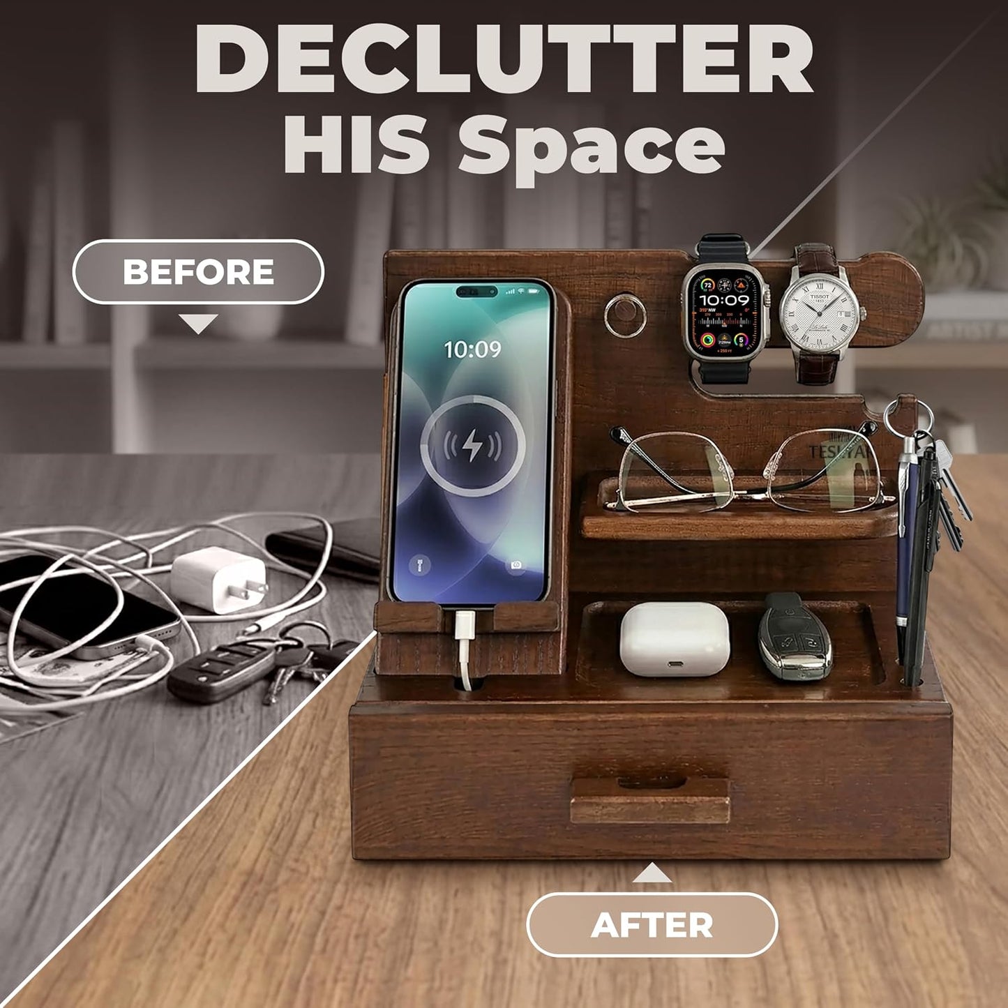 TESLYAR Wood Phone Docking Station with Drawer - Nightstand Organizer - Desk Organizer for Husband - Birthday Gifts for